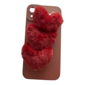 Dark Red Maroon Faux Fur Heart Holder Apple IPhone 14 Plus Case Kawaii Valentine